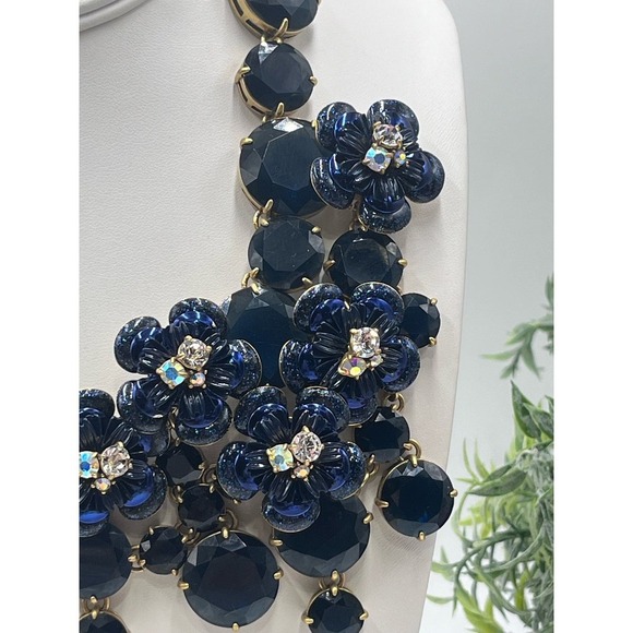 J. Crew Midnight Blue Glitter Floral Rhinestone Waterfall Statement Necklace - Picture 2 of 16